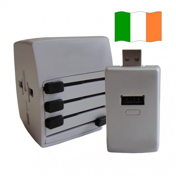 Welt Reisestecker Irland mit 2 USB Ports + extra Powerbank