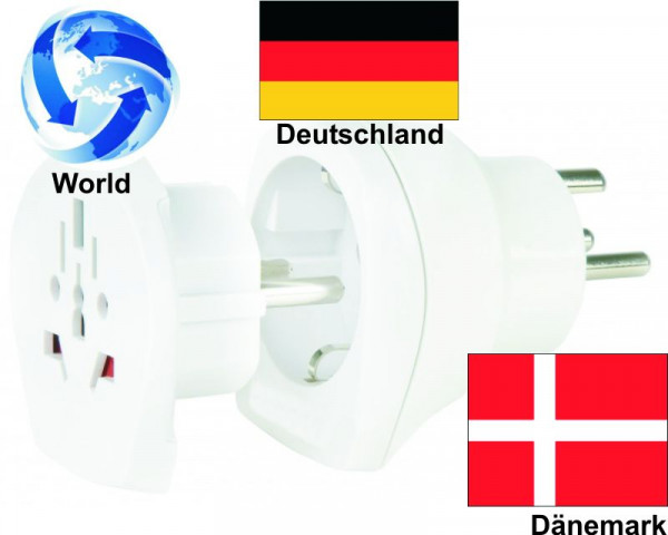 Reiseadapter Urlaub Reise Stecker Welt auf Dänemark+ Deutschland - Kombi Adapter 1.500214
