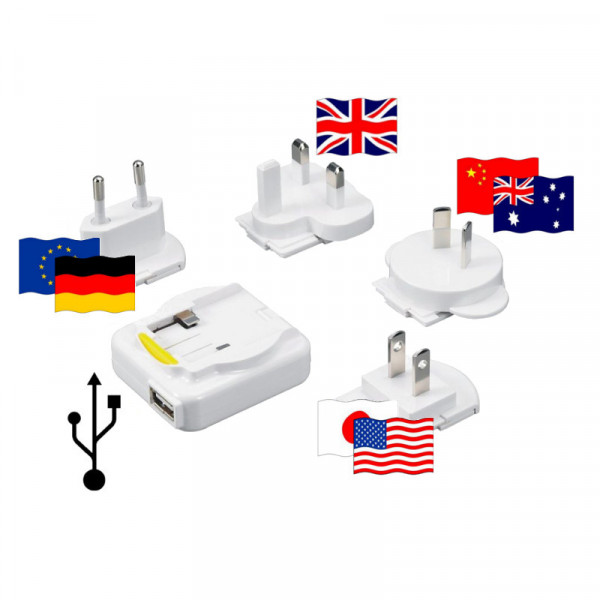 5 W USB Handy Reise-Ladegerät Charger inkl. 4 Adapter EU, USA, GB, Australien Farbe: weiß