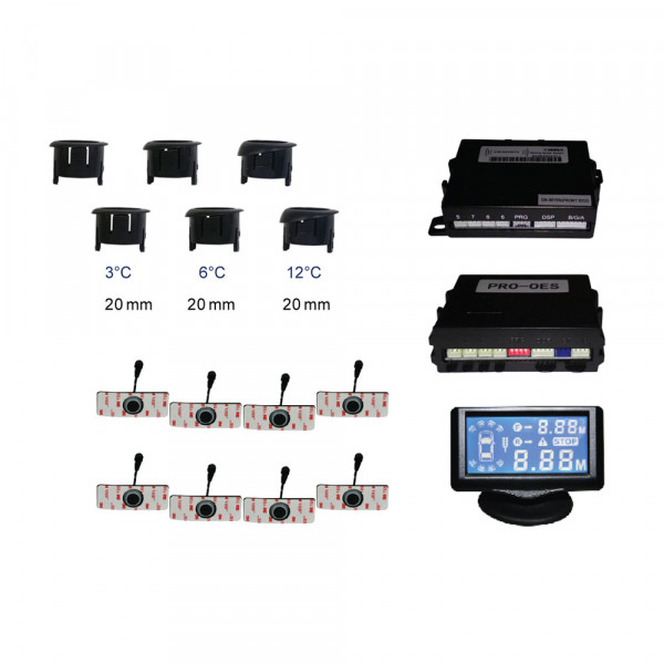Rückfahrhilfe + Einparkhilfe mit LCD-Display ProOes-4321-8 (4x Front- und 4x Rückfahrsensoren)