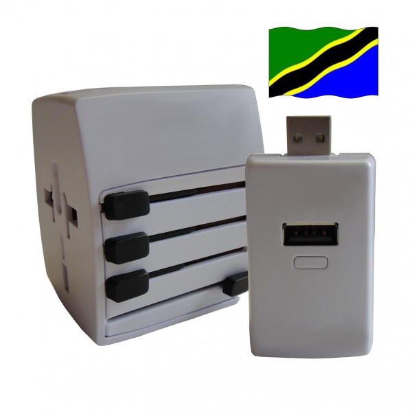 Welt Reisestecker Tansania mit 2 USB Ports + extra Powerbank