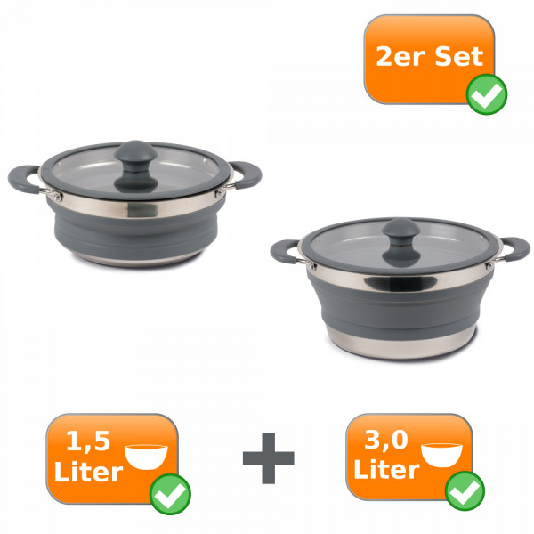 Faltbare Kochtöpfe - 2er Set - Camping Kochtöpfe zum Falten 1,5 + 3,0 Liter grau